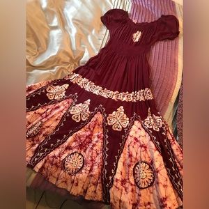Burgundy Bohemian Indian Cap Sleeve Maxi Dress